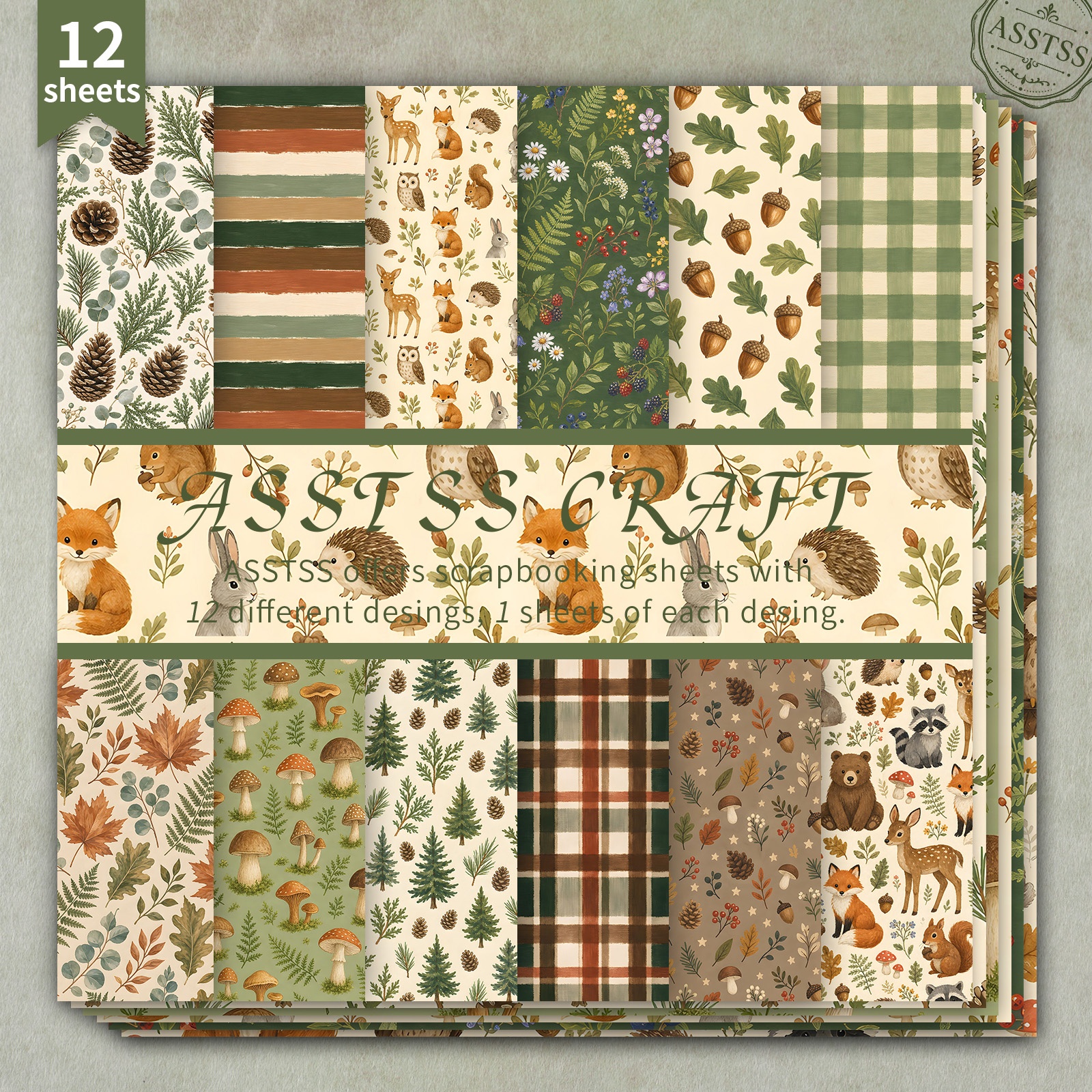 TEMU Bloc de papier scrapbooking ASSTSS de 12 feuilles, 6X6 pouces, motif forêt, aquarelle, animaux de , carreaux, feuilles, papier cadeau shower,