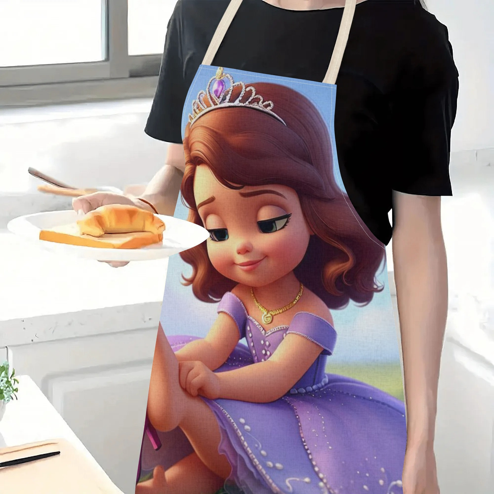 disney   waterproof apron - vibrant cartoon princess design,   polyester, ideal for home, restaurants, cafes & more - stylish & simple with flower pattern details 4