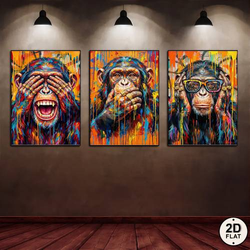 2d flat 3pcs unframed canvas art prints 3pcs canvas wall art 2d flat wall art colorful monkey with hands over eyes vibrant abstract animal painting modern decor for living room bedroom gallery wall art 2d flat