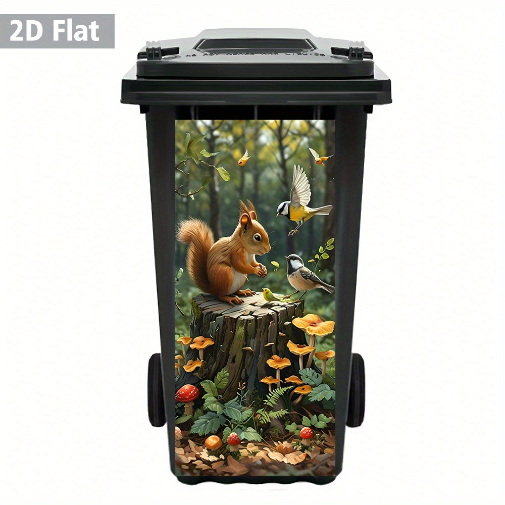 Image of 2d Flat Forest Squirrel & Birds Eco - Trash Can Sticker – Waterproof, Removable Adhesive, Nature Scene, Vibe, Bin Makeover, Wildlife Detail – Size 12.2 X 27., 2d Flat