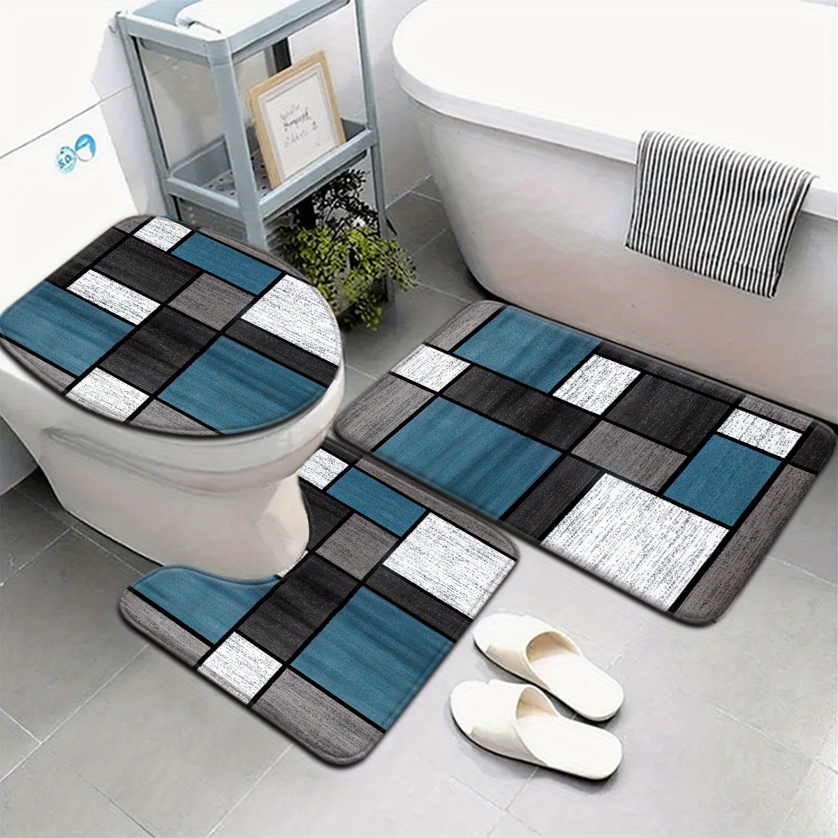 TEMU 3pcs/4pcs Ensemble de Tapis de Salle de Bain Minimaliste Bleu et Gris à Motif Géométrique, Housse de Toilette & Décor en U pour Douche