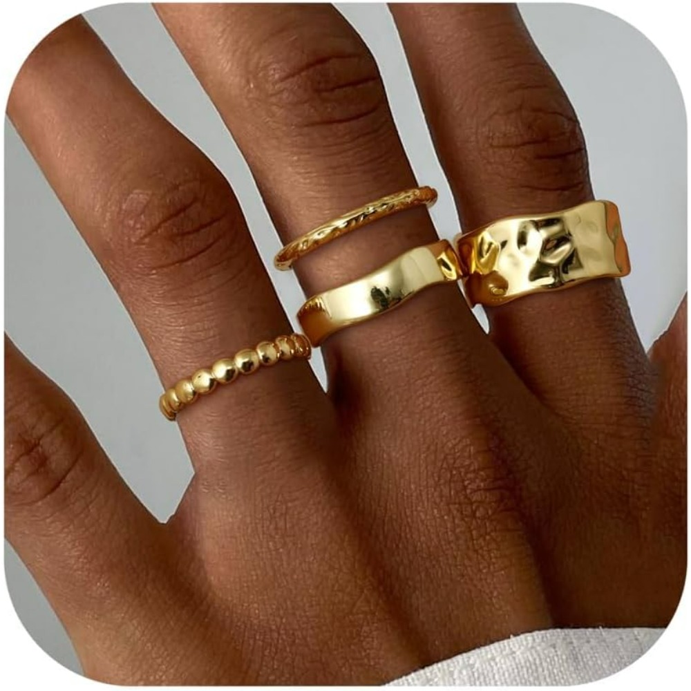 Image of Set Of 4 Stackable Chunky Rings For Women, Resistant To Tarnishing, Delicate Stacking Thumb Rings, Fashionable Wedding Band In Sizes 6 To 10