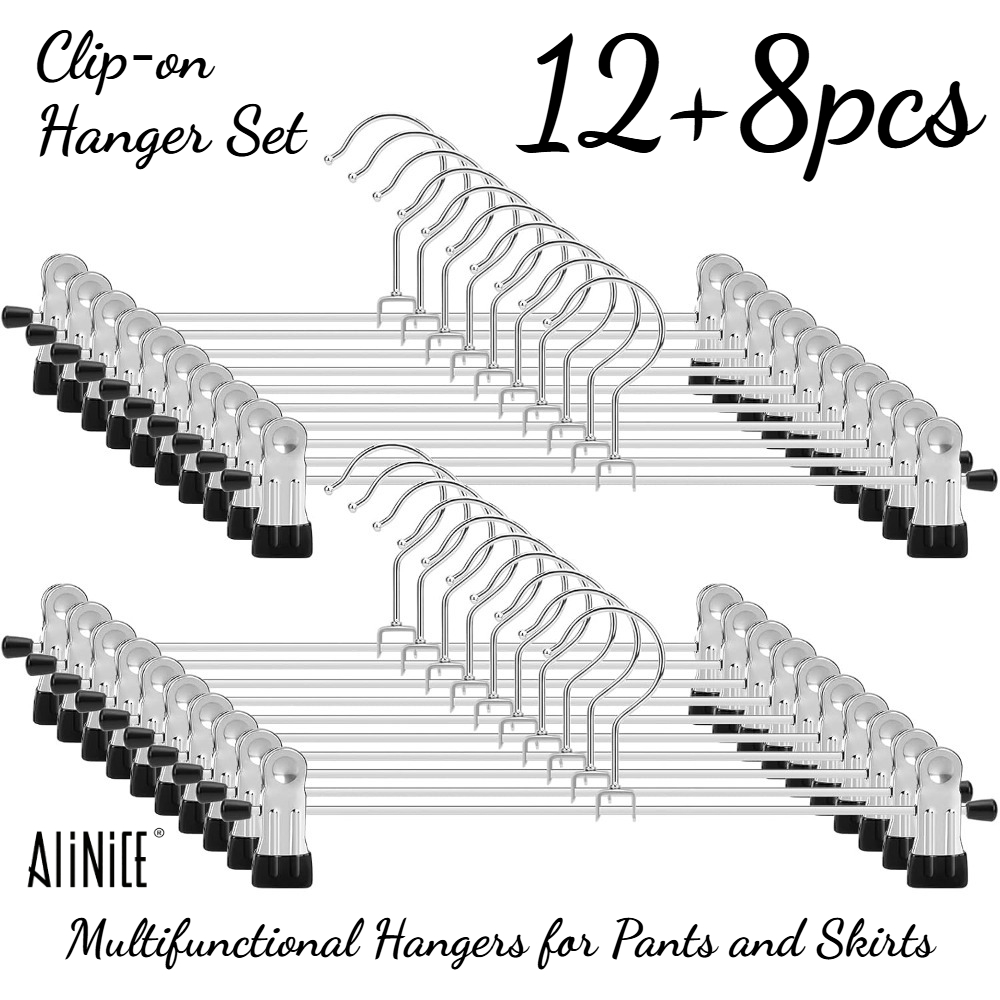Image of 12+8pcs Clip On Hanger Set, Multi Purpose Trouser Skirt Hangers For Women, Non Hangers For Pants, Skirts And Denim Garments, Wardrobe Closet Storage Organizers
