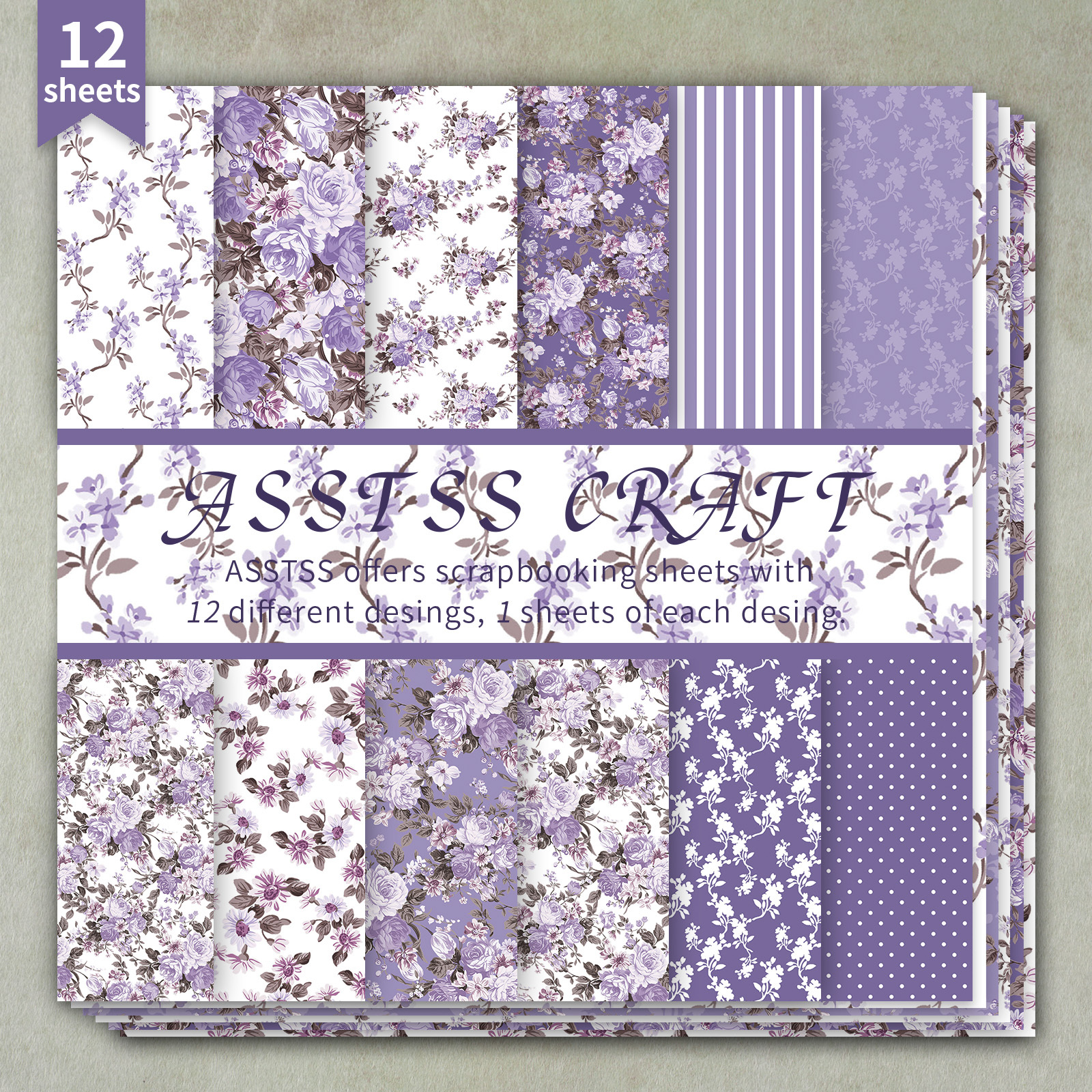 TEMU A 12-sheet Scrapbooking Paper Pad Featuring Retro Purple Floral Designs, Made From Heavyweight Cardstock Suitable For Journaling, Collage Art,