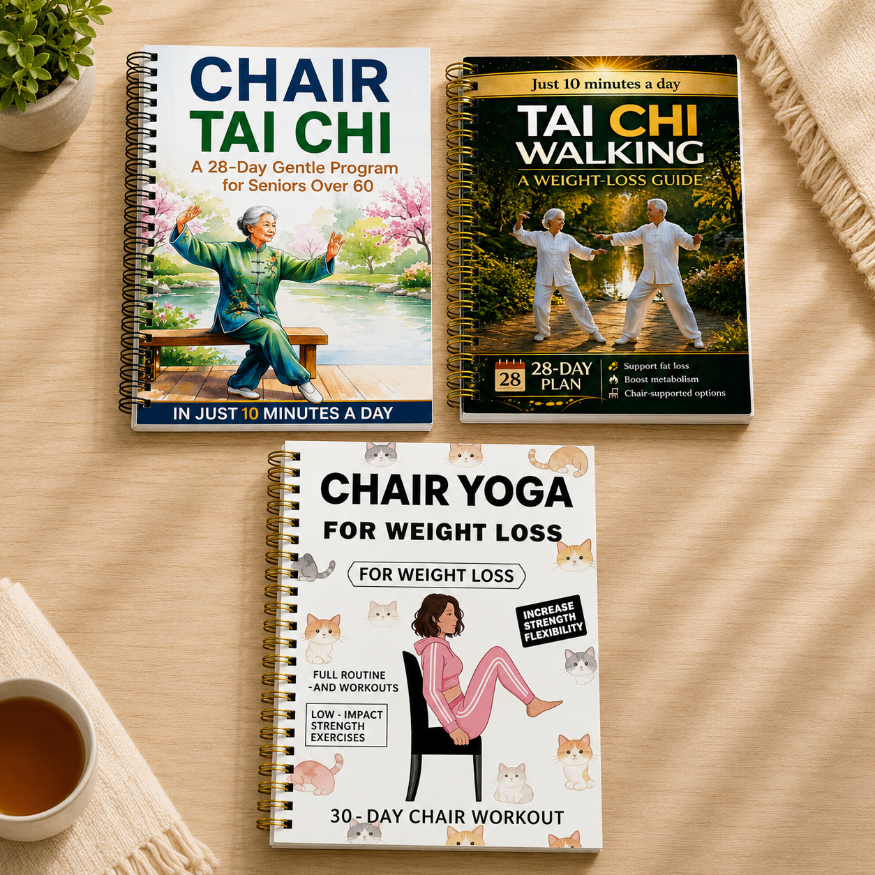 3 knjig za vadbo Tai Chi sedenje in joga na stolu, zasnovan za starejše. Vključuje vadbo Tai Chi sedenje, metodo Tai Chi korakov in tečaj za