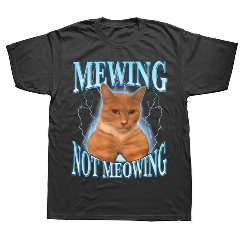 

1pc Unisex Cotton T-shirt With "mewing Not Meowing" Cat Graphic - Casual Crew Neck, Short Sleeve, Knit Fabric Tee With Heat Transfer Print, 180gsm - Eu Sizes