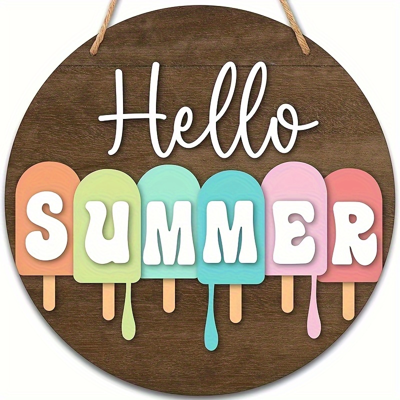 TEMU 1pc Hello, Summer, panneau en bois de décoration intérieure, 8 pouces, panneau de porte de glaçon de ferme, panneau de rustique à suspendre pour