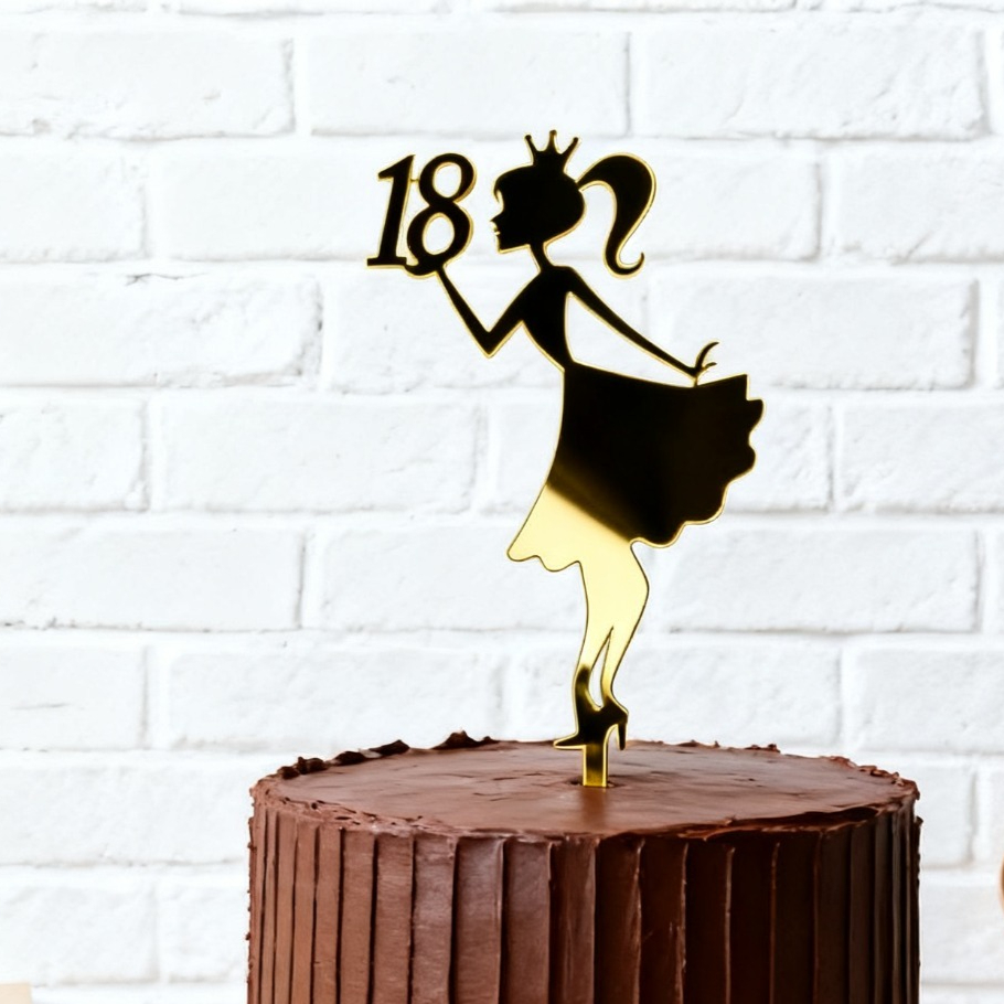 Image of 1pc Golden Acrylic 18 Cake Topper, Happy 18th Birthday Decor, Modern Glittery Acrylic Cake Pick, Party Supplies For Girls, For New Year Easter Mothers Day Graduation No Batteries Required