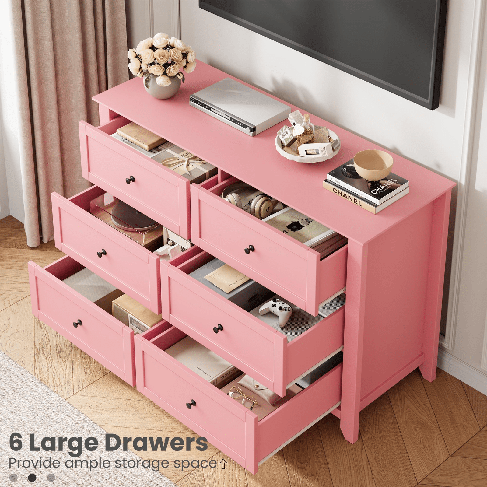 modern pink wooden dresser six drawers suitable bedroom - Temu