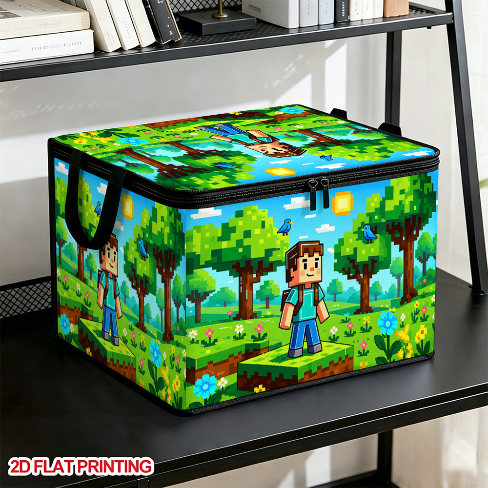 TEMU 1pc Pixel Style Gaming Cartoon Printed Pattern With Zipper And Foldable Lid Storage Box - Suitable For Book Organization, Under-bed Storage, Car