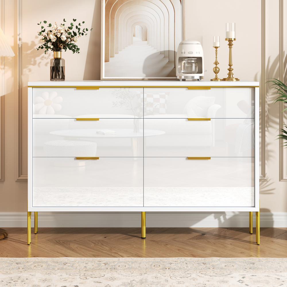 TEMU Modern White & Golden 6-drawer Sideboard With High-gloss Cabinet - Large Storage Furniture Suitable For Living Room, Dining Room, - Metal Frame