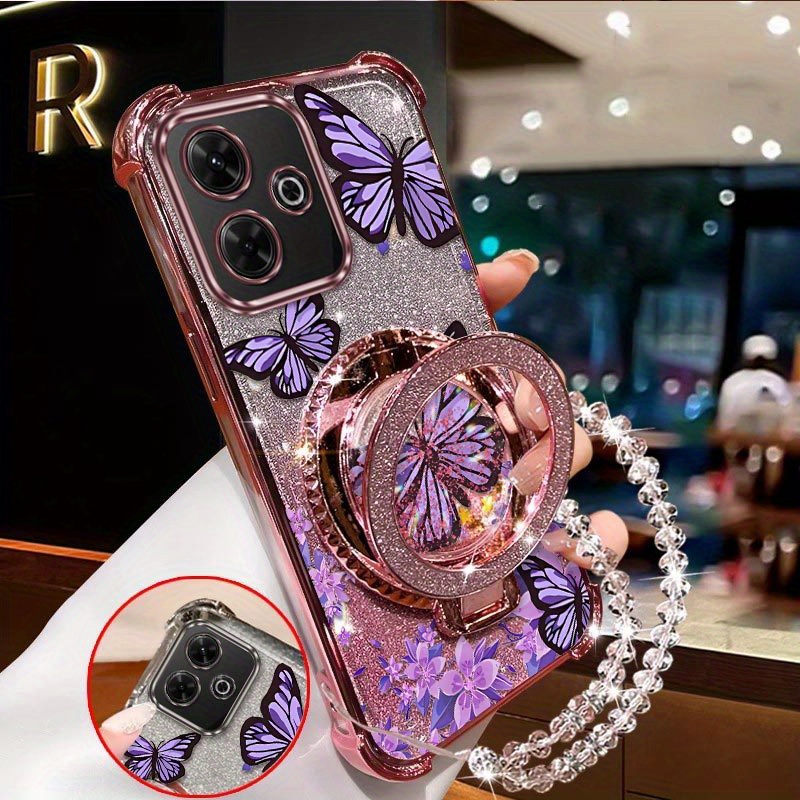 TEMU para Teléfono - Soporte de Anillo con Banda de Flor Grande y Lanyard de Cuentas Transparentes, Diseño Elegante Adecuado para Redmi 13 con Cómoda
