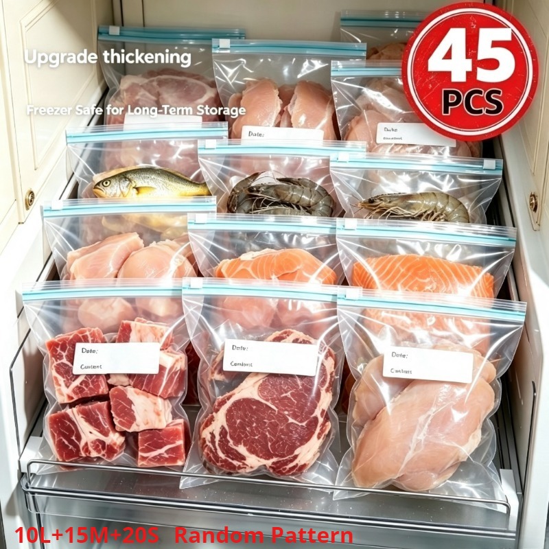 TEMU 45pcs Large Reusable Zippered Storage Bags Random Pattern, Food Classification Storage Bags, Refrigerator , Kitchen Essential Sealed Bags, Food