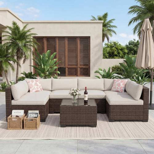 7pcs Outdoor Patio Sofa Set, PE Rattan Wicker Sectional Furniture Set with Thick Cushions, 6-Seat Modular Conversation Couch with Glass Table for Backyard, Garden, Balcony, Poolside, Porch, Deck, Fire Pit, , Black/ Brown Rattan
