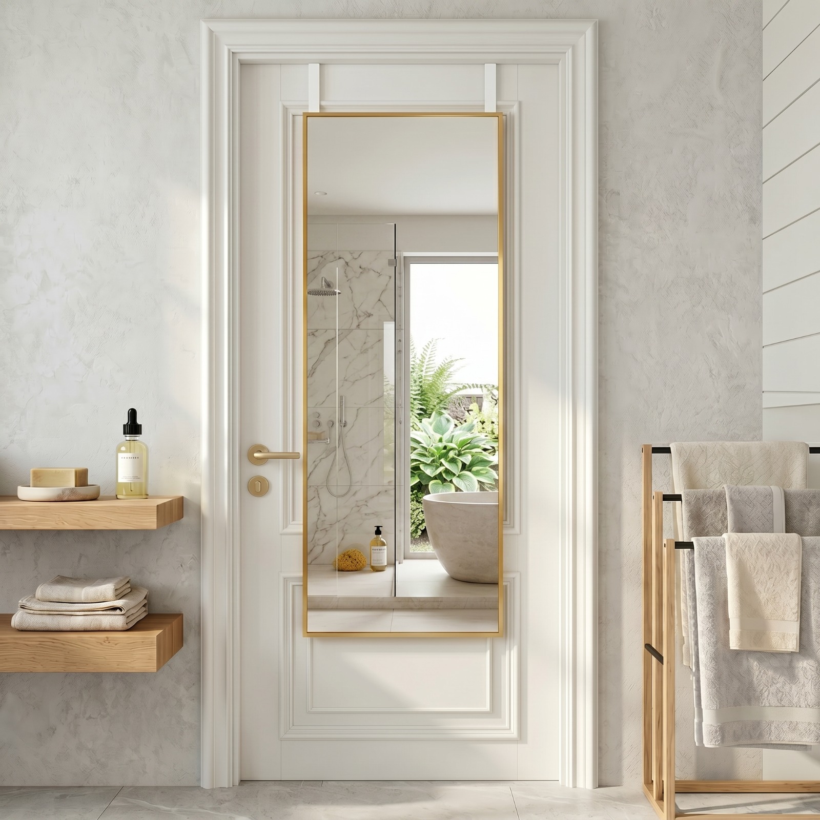 Image of 40x126cm Full Length Wall Mounted Makeup Mirror, Door Mirror, Metal Frame, No-drilling Hanging Or Wall Mount, Hooks & Hardware Included, Makeup Mirror For Bathroom, Dorm, Golden