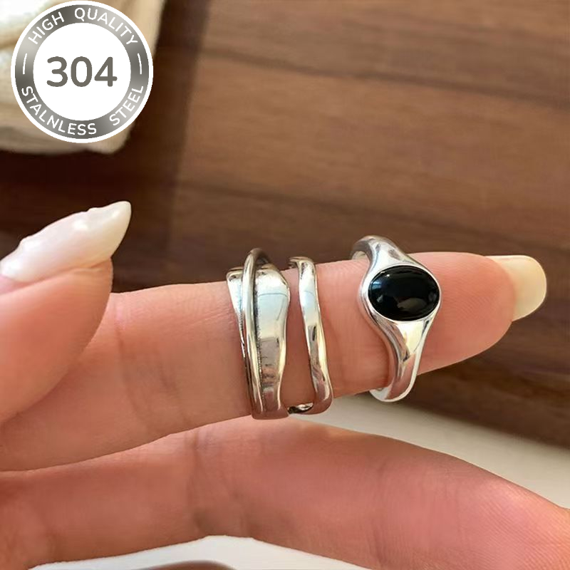TEMU 2pcs Vintage Light Luxury 304 Stainless Steel Inlaid Resin Black Oval And Set - For Women And Men - Hypoallergenic - Banquet Ceremony Party