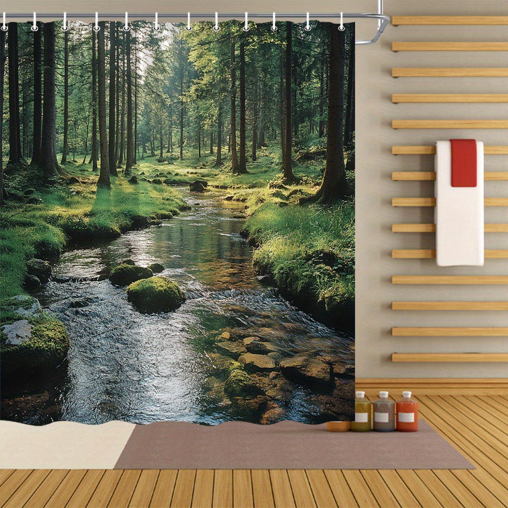 TEMU 1pc Rideau de Douche Ruisseau de Forêt - de Forêt avec Arbres Verts & Mousseuses, Décor de Salle de Bain en Polyester, 70x70 Pouces, Comprend 12