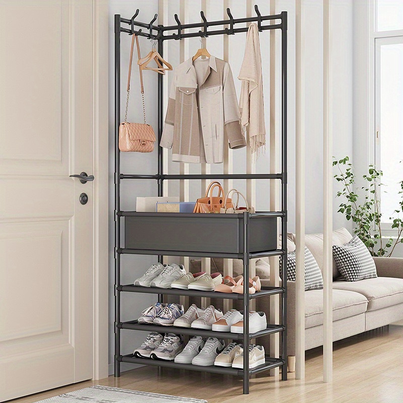TEMU 5-tier Coat Clothes And Shoe Rack Entryway Coat Stand With Hooks, Storage Basket Shoes Organizer For Living Room, Bedroom, Office, Black