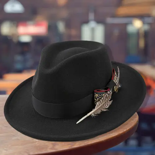 mens gray fedora hat with artificial feathers beaded band retro wide brim felt flat top hat solid blend for stylish outdoor events