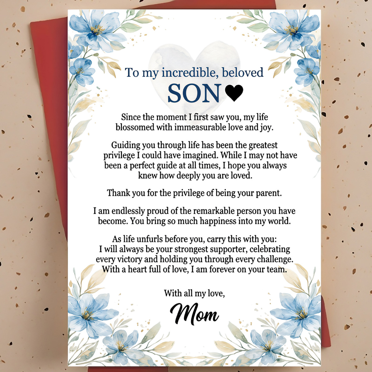 TEMU 1pc Greeting Card For Son, Adult Son – Blue Floral Heart Watercolor Hand-painted Design, Love Card, With Envelope