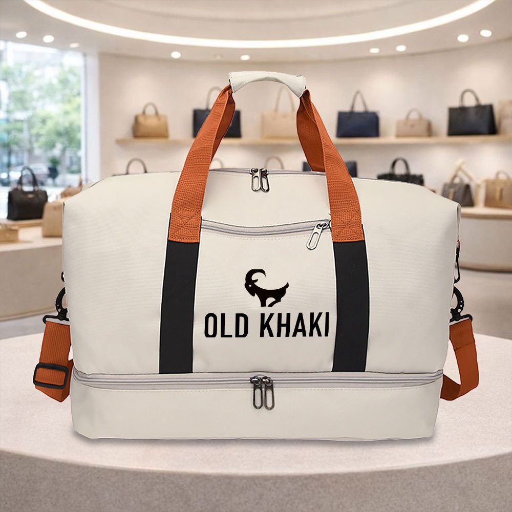 item picture   khaki large capacity durable gym bag features adjustable shoulder straps and a zipper closure   it suitable for sports fitness yoga travel and daily commuting its   for fitness enthusiasts