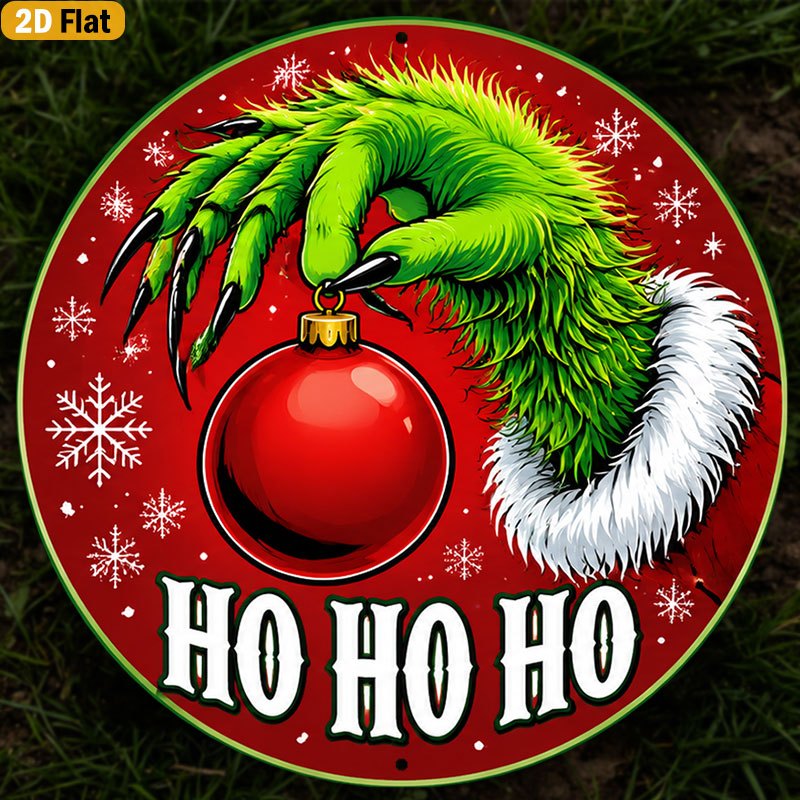 TEMU 2d Flat, 1pc 2d Flat Green Furry Hand Holding Bauble Ho Pattern Round Aluminum Sign 8x8 Inch Vintage Wall Decor Weather-resistant Rust-proof