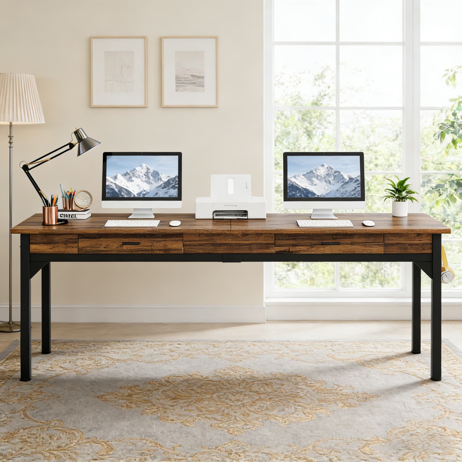 78.7 Inch Large Two-person Computer Desk Suitable For Home Office, With Wood, Spacious Writing Table, Rustic Brown -standing Desk For Study Room, , Modern Writing Table