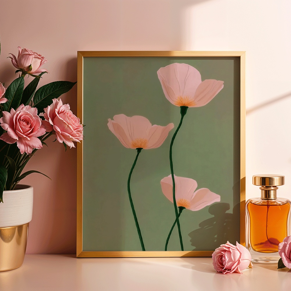 TEMU 2d Flat, 2d Flat, Wall Arts Soft Pink Poppies Posters Soft Pink Canvas Prints Bedroom Decor Living Room Decor Gift Unframed, Halloween Christmas