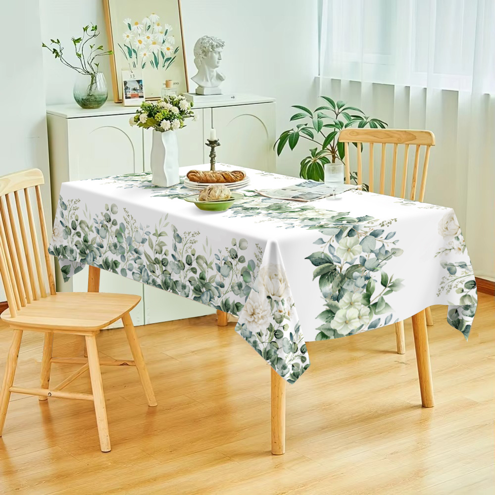 

A Rectangular Tablecloth And Summer Eucalyptus Green With Floral And Leaf Patterns, Washable And Suitable For Parties, , And Use.