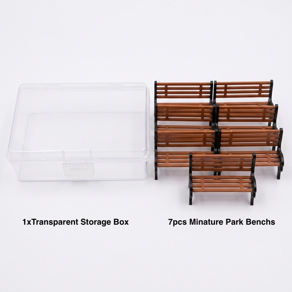 TEMU 7 pièces de parc miniatures en plastique avec 1 boîte de rangement, sièges de rue pour maquette de , décoration pour maison de poupée, jardin ,
