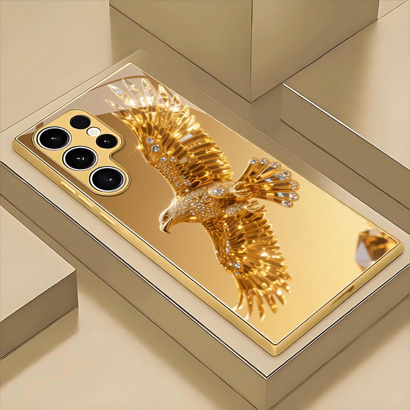 TEMU Phone Case: Luxurious Colored Diamond Golden Eagle Pattern Glass Case, Suitable For Galaxy S26/s25/s25 Plus/s25 Ultra/s24/s24 Fe/s24 Plus/s24