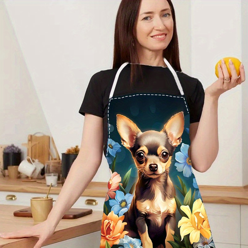 

1pc Chihuahua Print Linen Apron, Unisex Washable Kitchen Apron For Cooking, Cleaning, Restaurant Workwear, Pinafore, Floral , Woven Linen Fabric