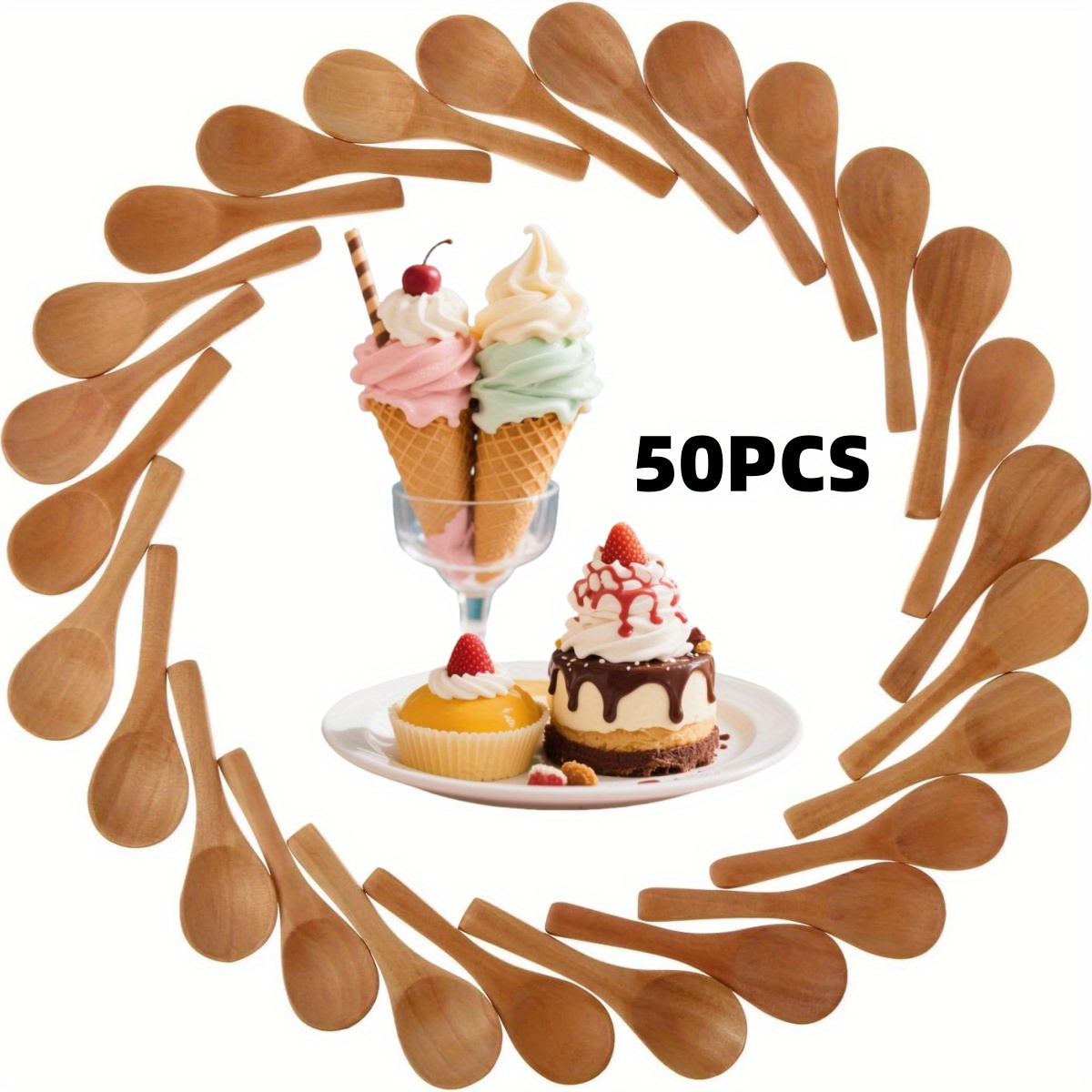TEMU 50pcs Recycled Wood Mini Spoons 3.5 Inch - Brown Tiny Teaspoons For Sugar, Honey, Spices, Ice - Kitchen & Dessert Serving Utensils, Mini Wooden