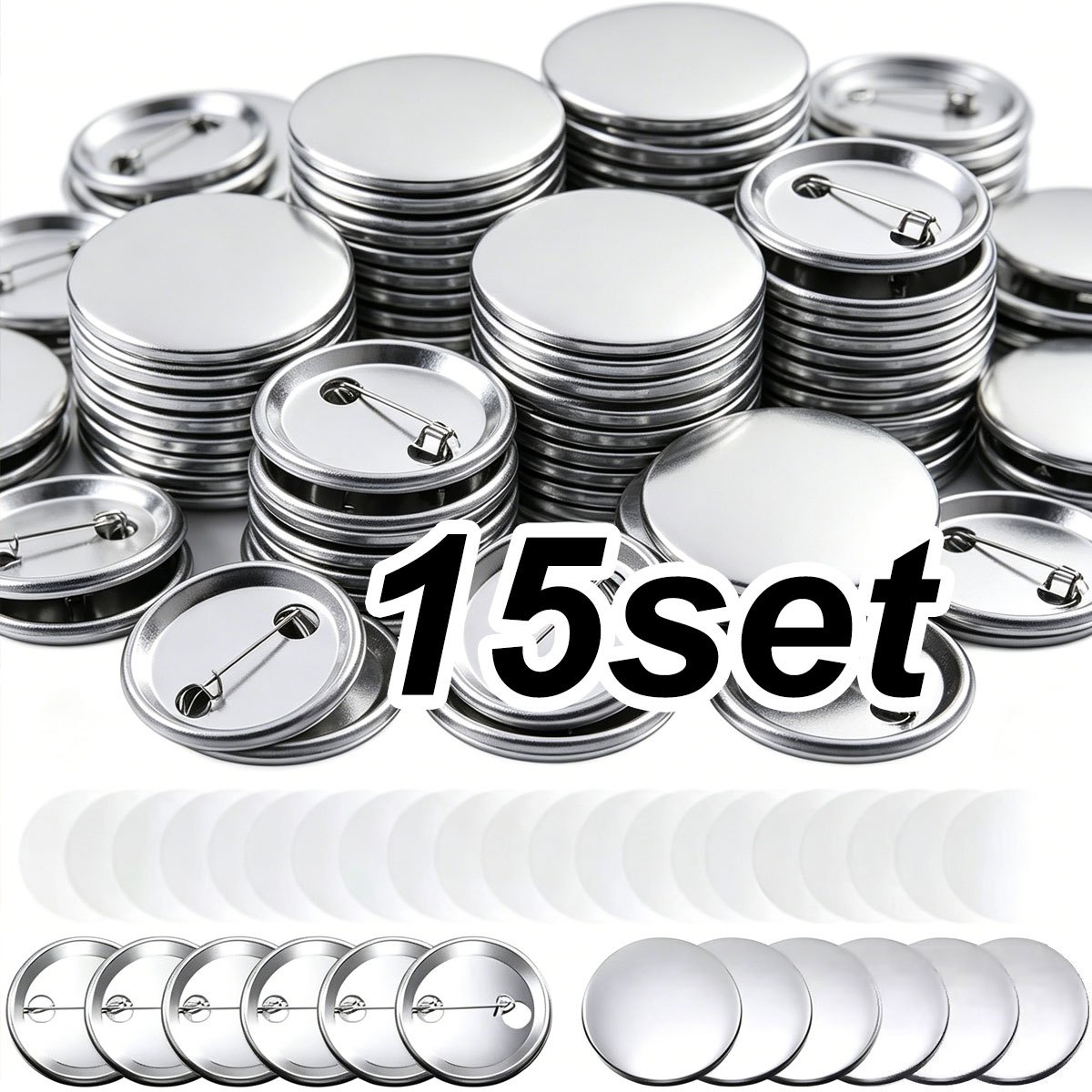 TEMU 15set 3.7cm/1.46in Round Button Parts Kit - Tinplate Tops & Plastic Clips With Film For Button Maker Machine, Badge Making Supplies Zsy