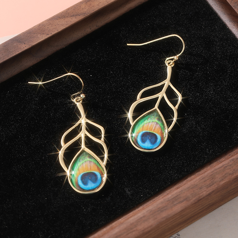 Peacock Feather Earrings with KC Golden Plated Resin Inlay