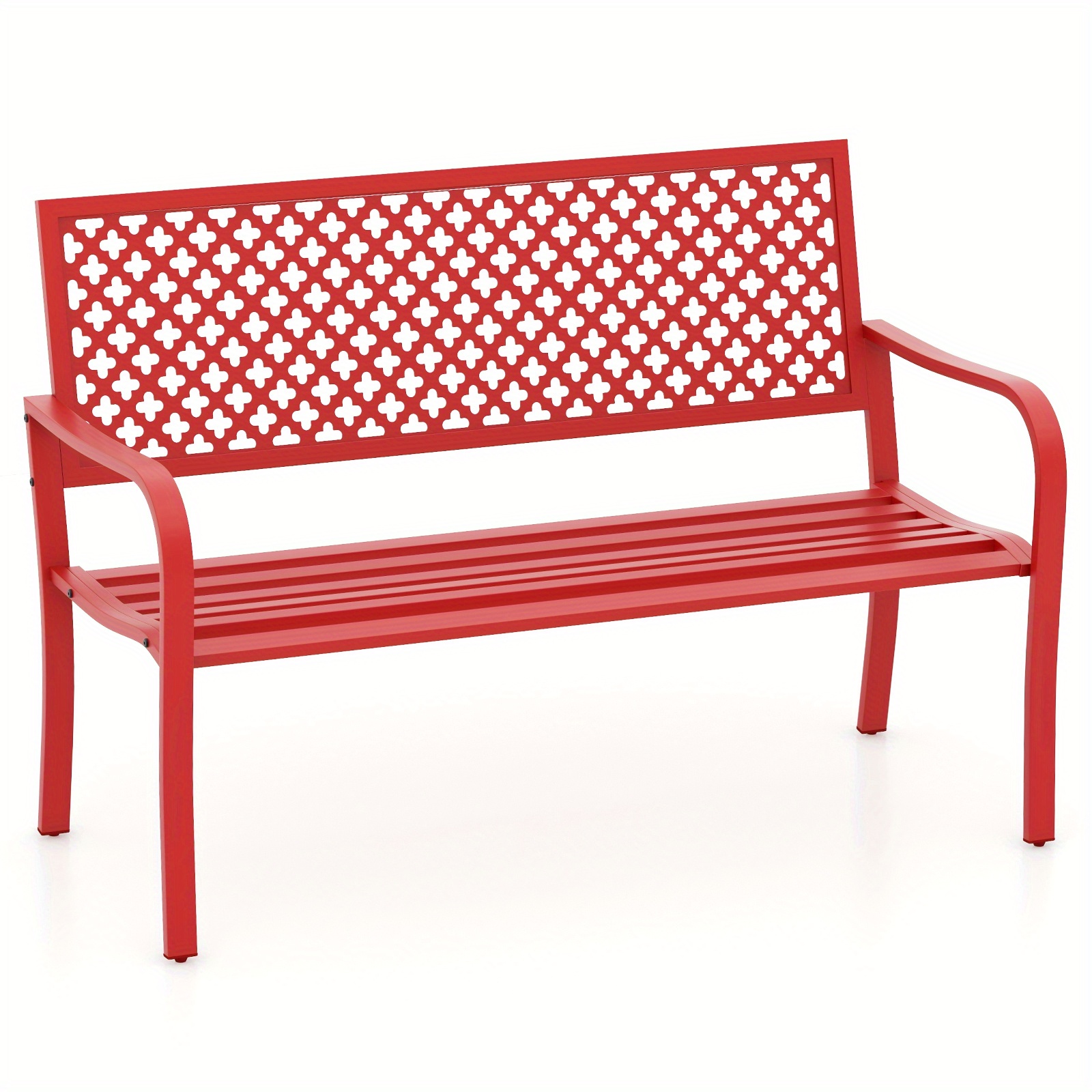 Image of Outdoor Garden Bench, 2-person Metal Patio Chair With Hollow-out Backrest And Slatted Seat, 127cm Long Modern Bench With For Front Porch, Lawn, Deck, Park, Red