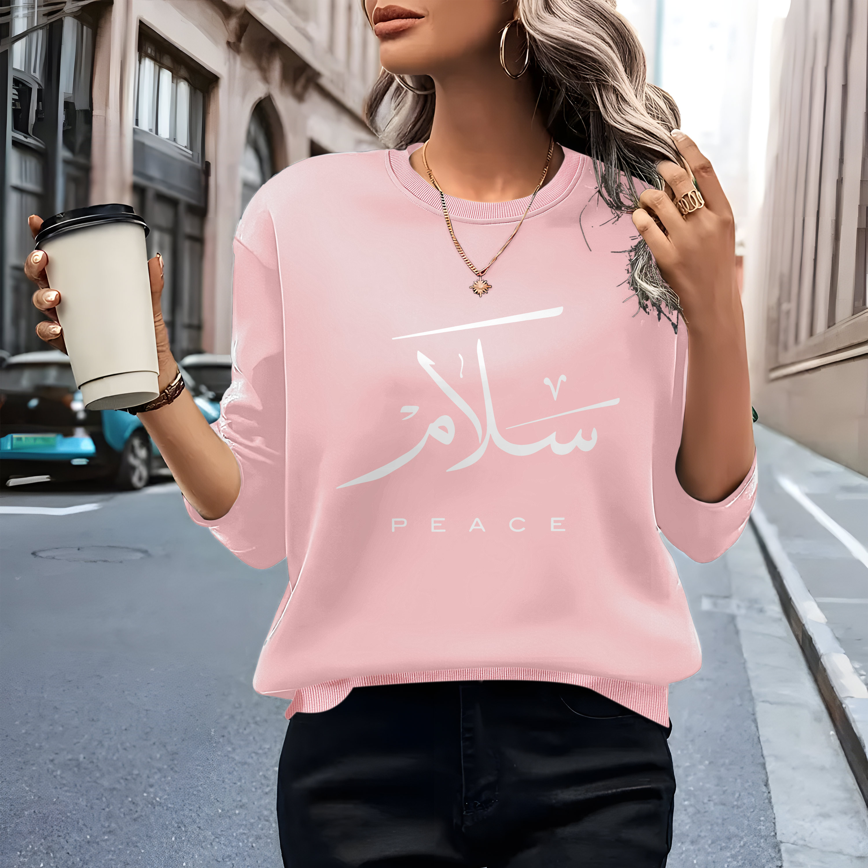 

Sweatshirt Décontracté pour Femme avec Col Rond et Imprimé de Arabe Moderne - Polyester , Pull à Manches Longues pour Toutes les