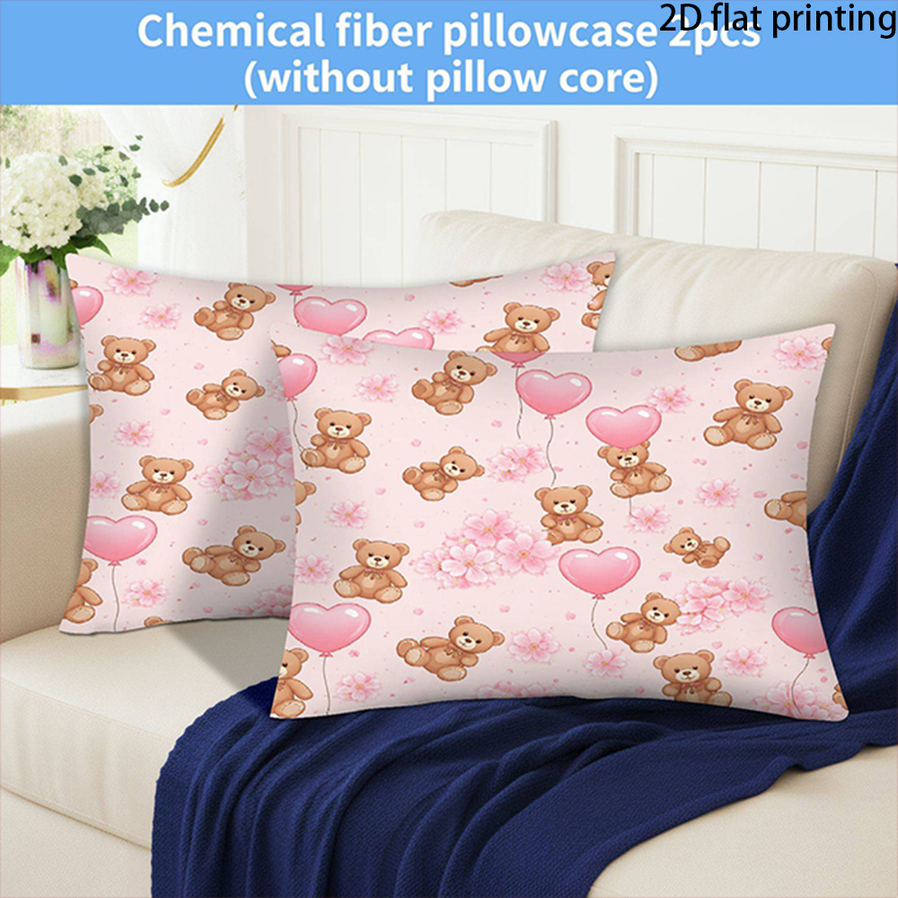 TEMU 2d Flat-2pcs Cute Cherry Bear Pillowcases, Polyester Pillowcases With Zipper, Machine Washable, Skin-friendly Cushion Covers, Suitable For Beds,