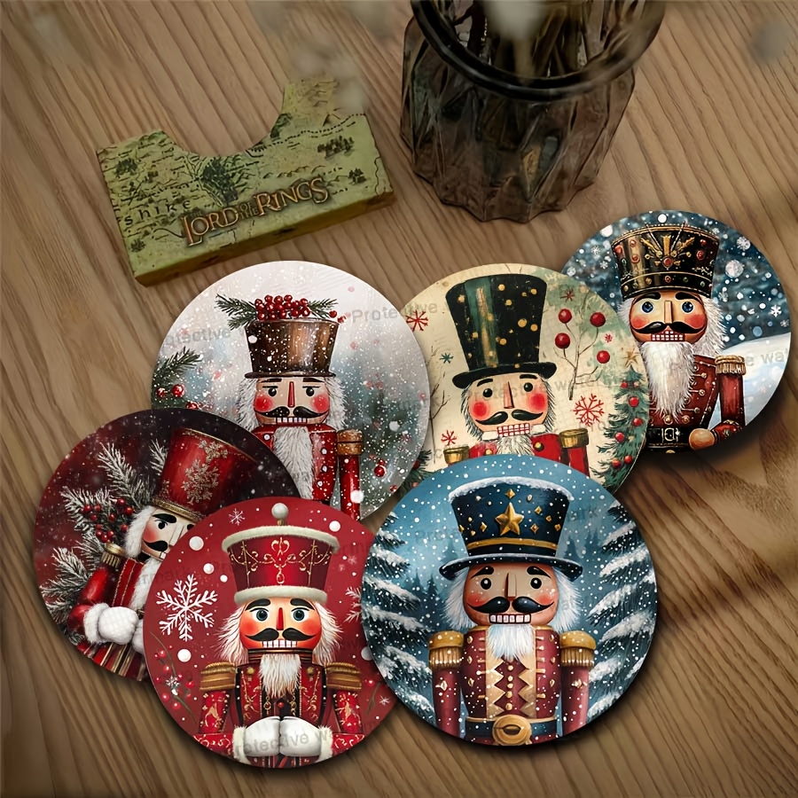 TEMU 6pcs Wooden Coaster Set - Christmas Nutcracker Soldier Design, Round Heat-resistant Non-slip Pads, Suitable For Home Decor And Kitchen Use,