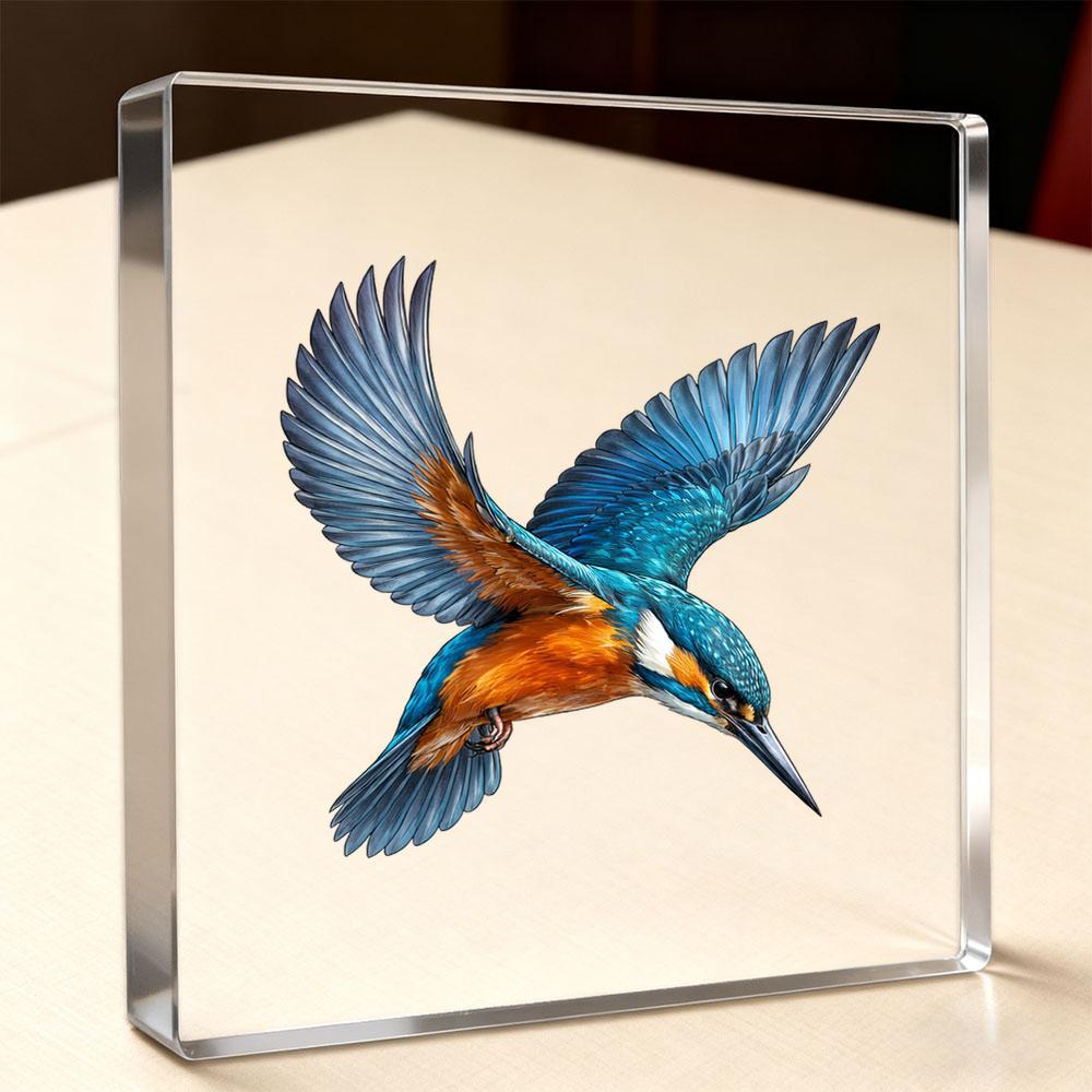 TEMU Flying Kingfisher Square Acrylic Plaque - Realistic Kingfisher Bird Decor With & Orange Plumage, Suitable For Home Office Shelf Tabletop