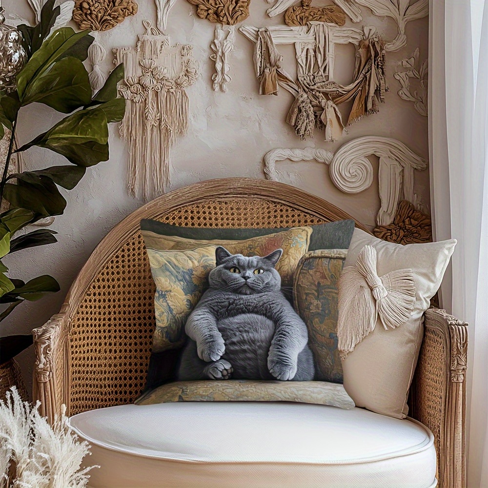 1pc british shorthair cat cushion cover gray dual sided printed pillow case with zipper closure soft decorative pillowcase for sofa living room bedroom   home decor gift vintage aesthetic   fabric interior design fans Product details 3