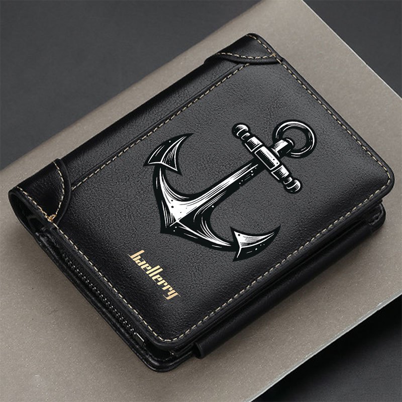 TEMU 1pc Men's Anchor Design Bifold Wallet, Made Of, Featuring A Small Coin Pouch With Card Slots And A Zipper Compartment, A Casual Money Clip For