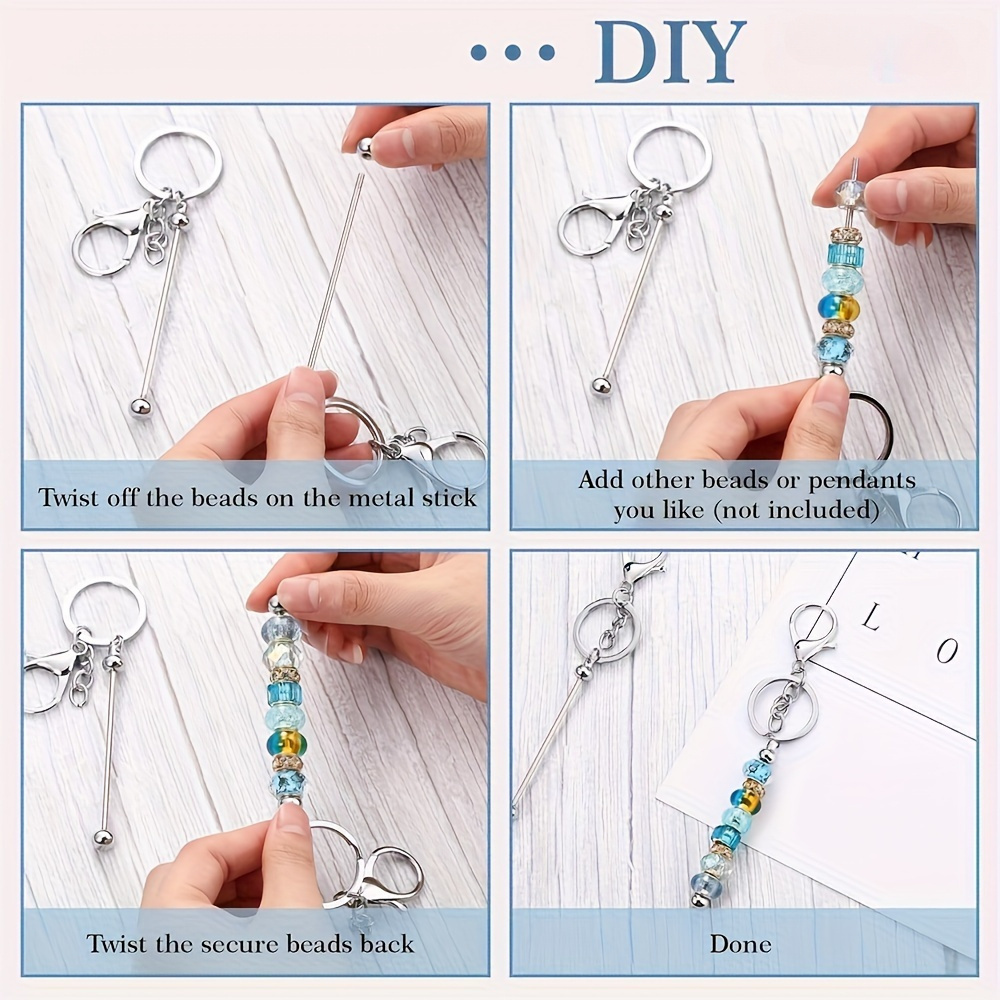 12pcs Stainless Steel Beadable Keychain Blanks Kit with Rose Gold and Silver Charms for Crafting