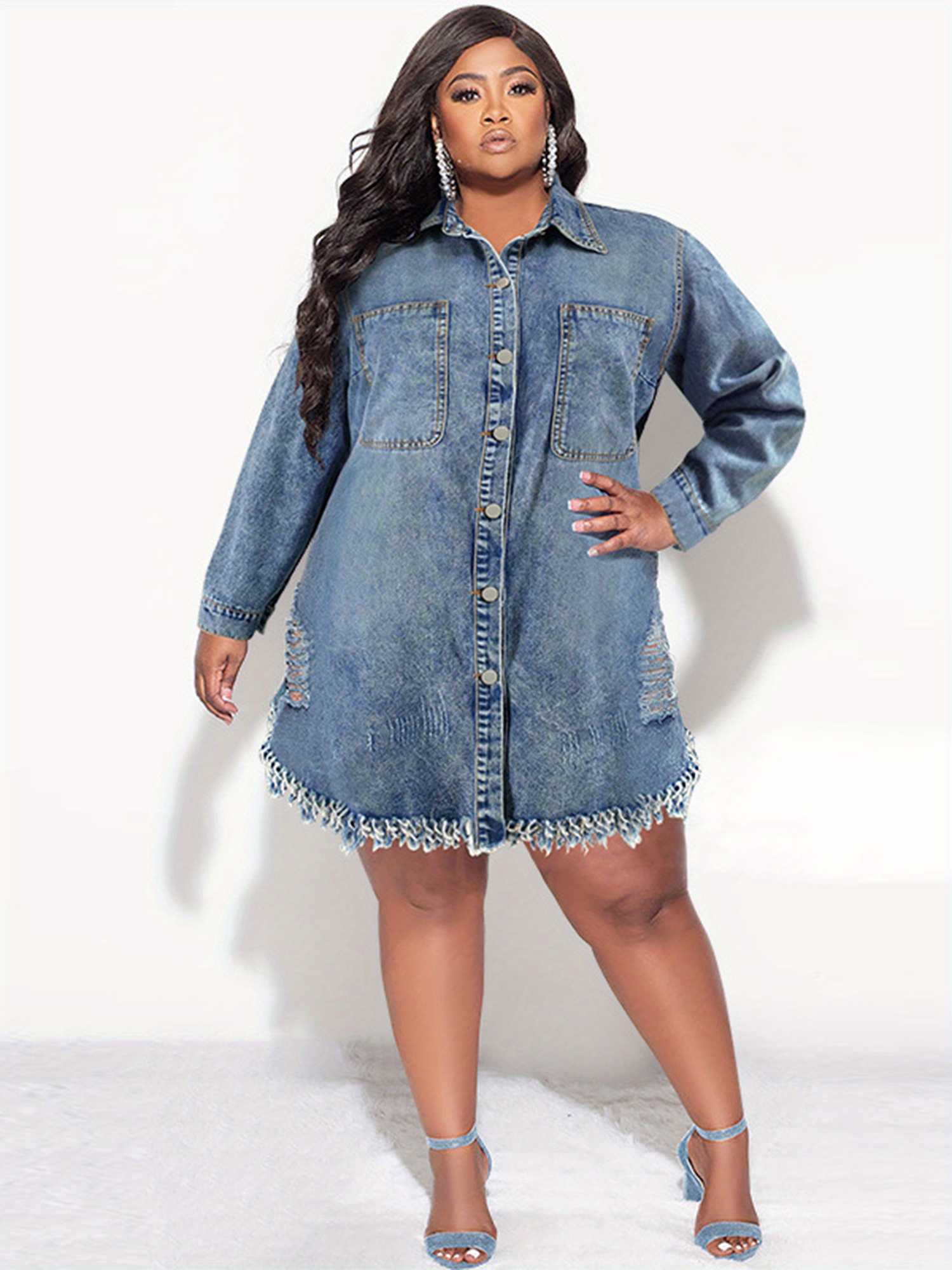 women's plus size denim shirt dress long sleeve lapel button