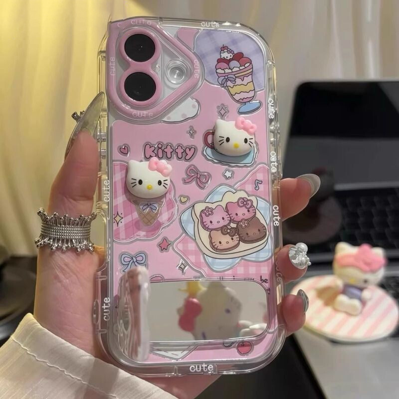 Image of Phone Case: 's "hello Kitty" Cartoon-style Phone Case, Suitable For Phones. Applicable To Iphone 17 Pro Max. Transparent Mirror+ Tv Viewing Stand.