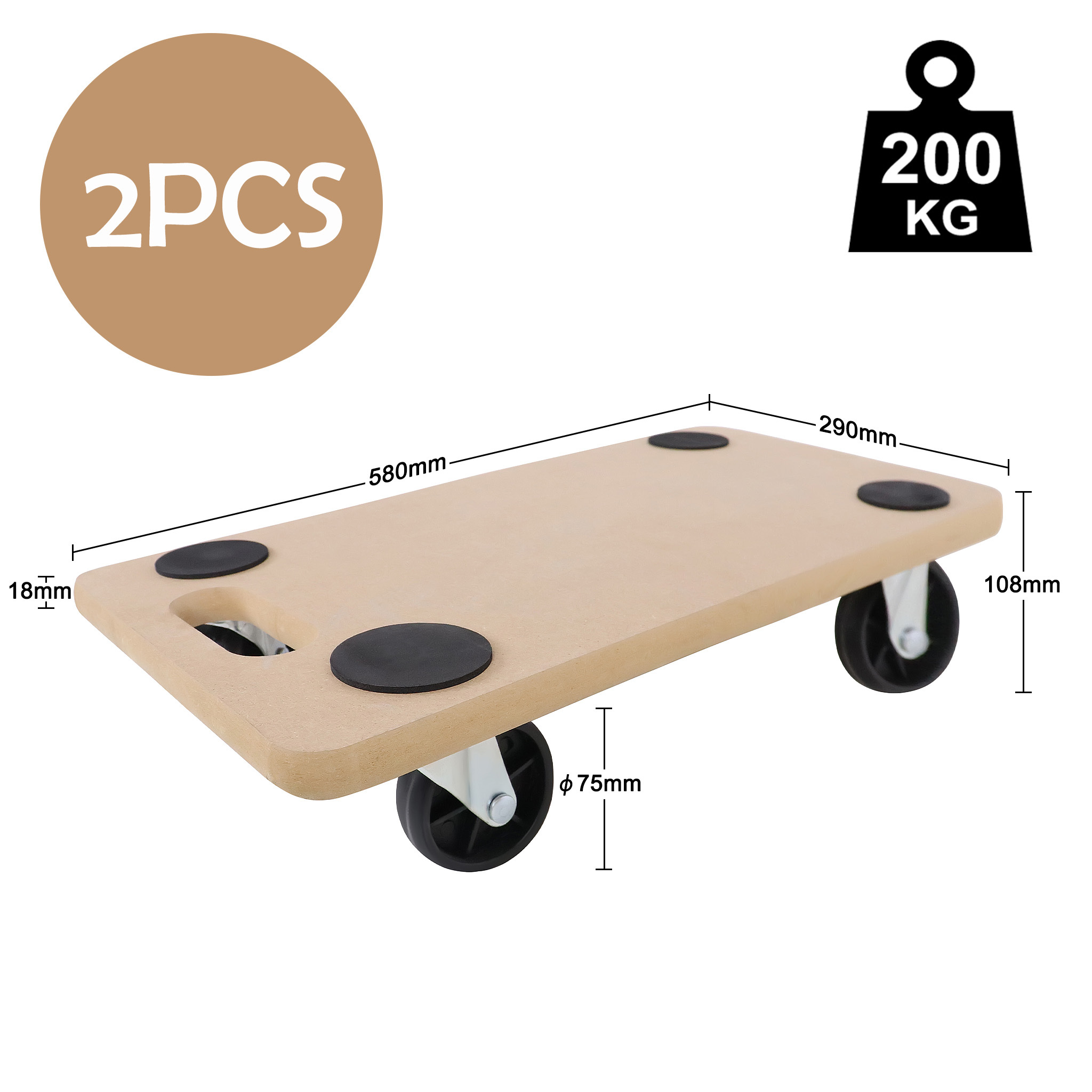 TEMU 2pcs 58x29cm Platform Dolly Set, 4-wheel Trolley With Grip Pads And Portable Handle, Heavy Duty Roller Capacity Up To 200kg (400kg Per Pair) For