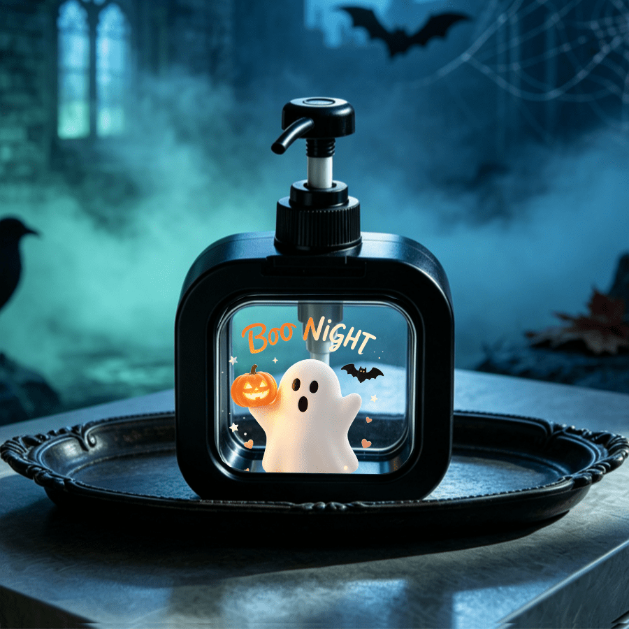 TEMU Refillable Push-type Pump Dispenser Bottle With Clear Window And Halloween Pumpkin Night - Square Plastic Container, Suitable For Liquid Soap,
