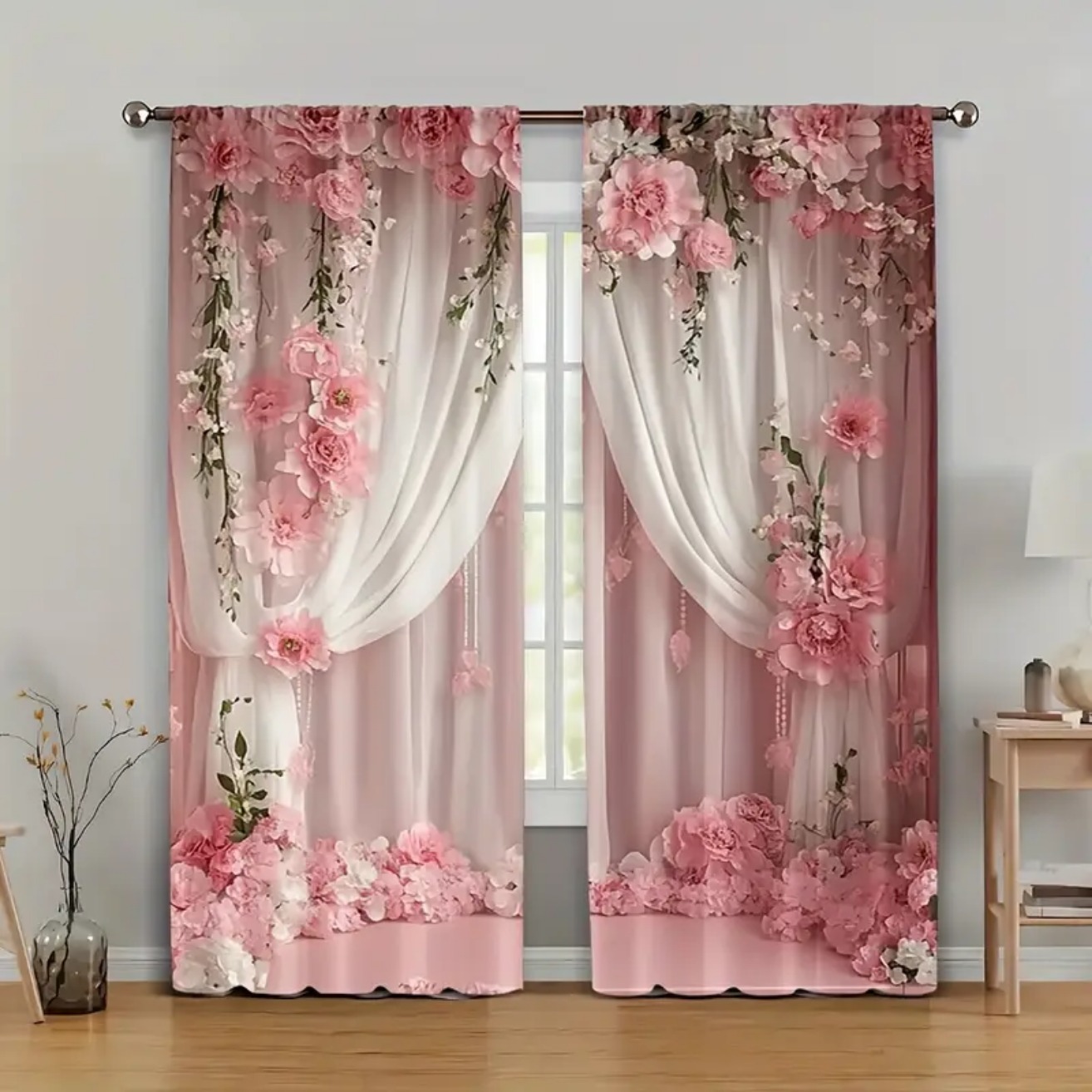 TEMU 2pcs Elegant Bohemian Floral Blackout Curtains - & Green , 100% Polyester Beige Fabric, Rod Blocking Drapes For Bedroom, Living Room, Kitchen, Machine Washable