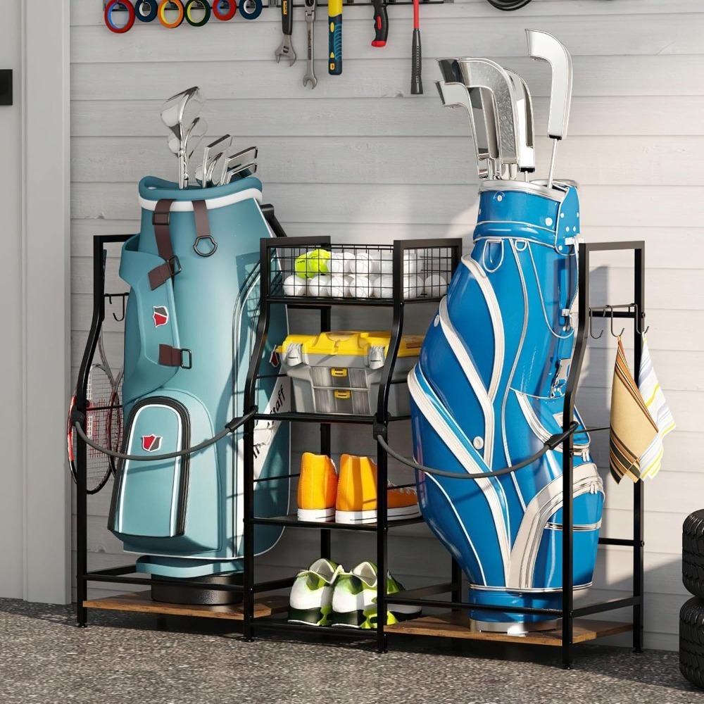 nouveau support de   de golf pour garage - support de clubs - support de rangement pour équipement de sport de  , support de présentation de   de rangement de golf surdimensionné 2 boîtes de rangement + 4 couches de rangement avec chaîne de protection, combinaison de fer et de bois, style  ,    