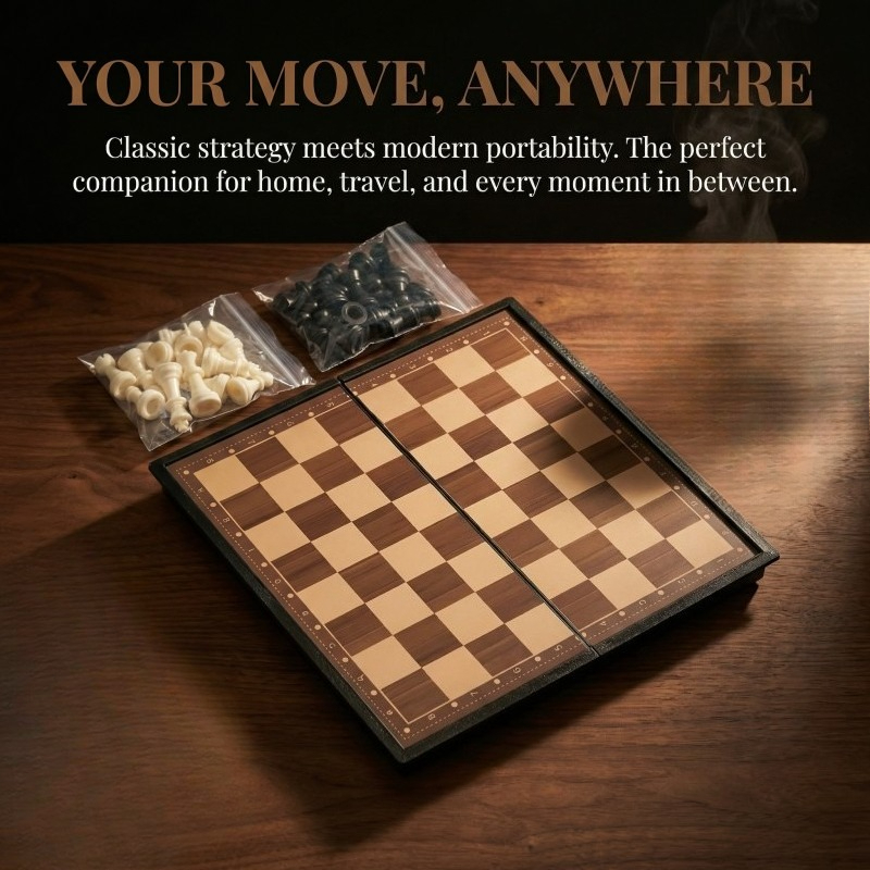 TEMU Foldable Chess Set With Built-in Piece Storage, Portable And Compact Board, Travel-friendly Tabletop Game For Checkers And Chess Strategy, Ideal
